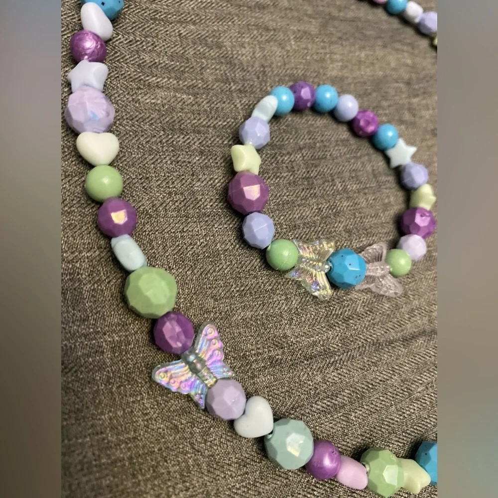 Colorful  Beaded Necklace And Bracelet with Butterfly Accents